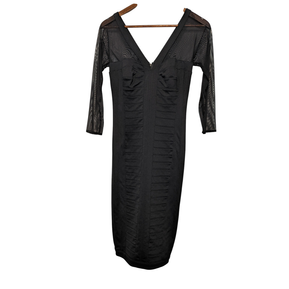 Tadashi Shoji Black Illusion Yoke Bandage Stretch Cocktail Evening Dress XS LBD - Picture 6 of 11